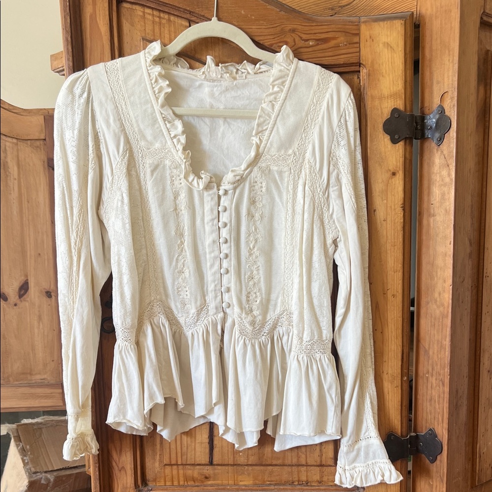 Anthropologie Cream Ruffled Button-Up Peplum Blouse